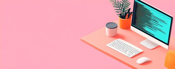 Isometric flat design of a coding environment, clean web design process