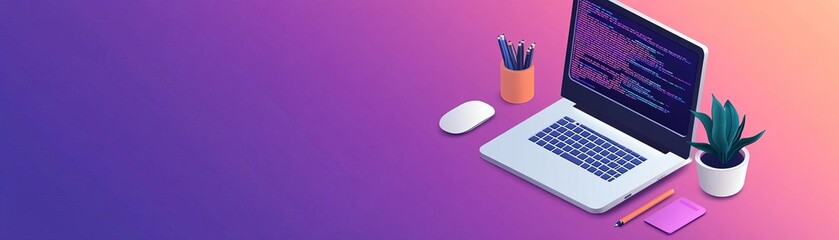 Isometric vector coder workspace, futuristic holographic UI concept