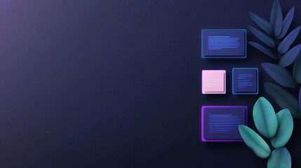 minimal dark-mode ui with neon blue and purple glowing web elements
