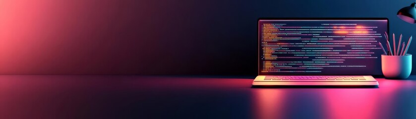 Minimalist dark-themed UI designer, sleek workspace with glowing code snippets