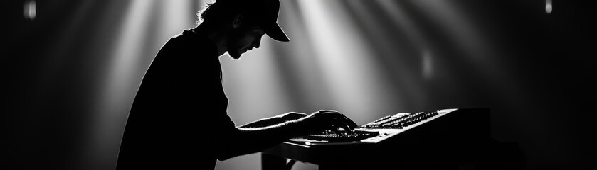 monochrome silhouette of a coder typing in a dimly lit environment, dramatic lighting