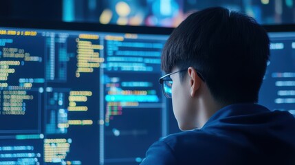 Fototapete - Man gazing intently at a computer screen in a modern workspace environment