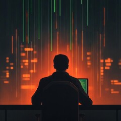 Neon rain falling over a coder working in a dark futuristic cyber city