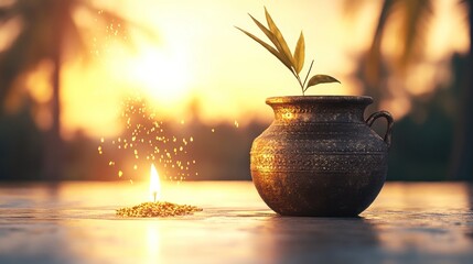 Traditional Pongal Greeting Card with Clay Pots and Sugarcane for Religious Festivities