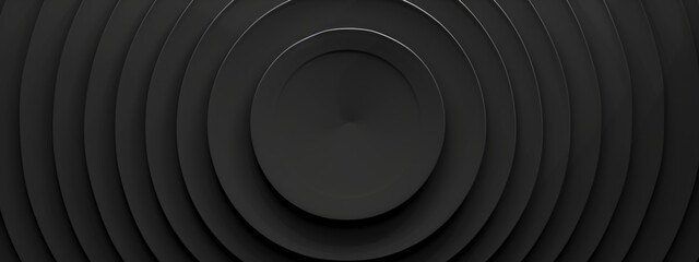 Wall Mural - Black background with concentric circles for design, banner template. White space in the center of the page for text. Simple abstract wallpaper with copy space.