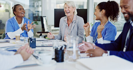 business people, doctor and meeting with team in celebration for medical discovery or success at hos