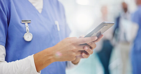 Aufkleber - Person, hands or nurse with phone for health app, telehealth or medical research at hospital. Closeup, caregiver or practitioner typing on mobile smartphone for online course, tips or news at clinic