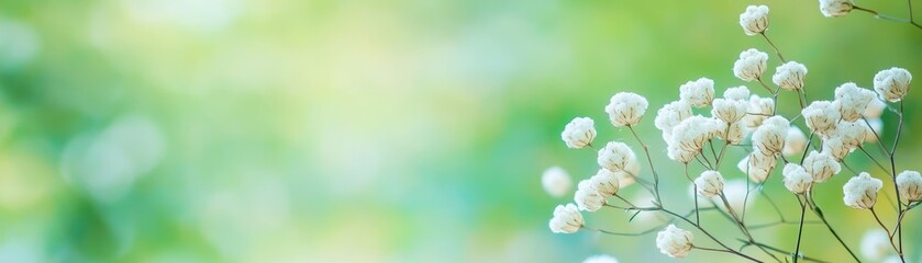 Poster - Bunch of white flowers with green leaves on a natural green background in bright daylight