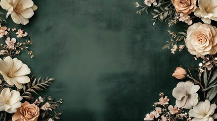 Wall Mural - Elegant Floral Arrangement: Peach and Cream Blooms on Dark Green Background