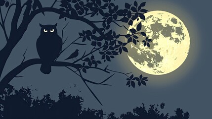 Wall Mural - Owl silhouette on a tree branch with a moon