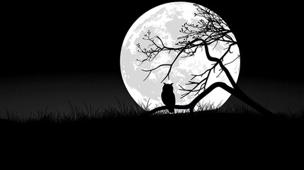 Wall Mural - Owl silhouette on a tree branch with a moon