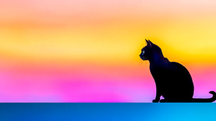 Naklejka na meble Black cat silhouette sitting on windowsill with colorful gradient background