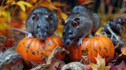 Canvas Print - Two adorable rats perched on vibrant pumpkins amidst colorful autumn leaves and natural decor