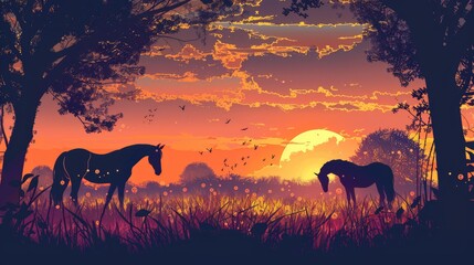 Wall Mural - Silhouetted horses grazing in a vibrant sunset landscape, surrounded by trees and colorful clouds at dusk