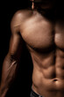 © Hamid - Detailed close-up of a muscular man's torso, showing abs, chest, and arm muscles against a dark background