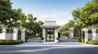 © IbragimovN - Elegant gated community entrance with lush greenery and iron gate in a serene residential area