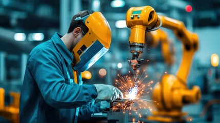 Leinwandbilder - Worker performing welding task in industrial factory environment with safety gear and equipment