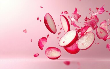 Wall Mural - A sliced radish flipping dynamically, its vibrant red edges glowing against a pastel pink background