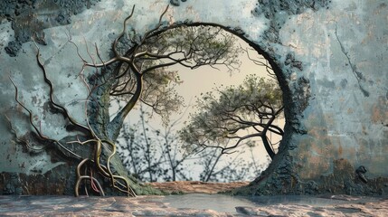 Wall Mural - Surreal view through a circular opening in a weathered wall, revealing vibrant trees and a serene landscape beyond