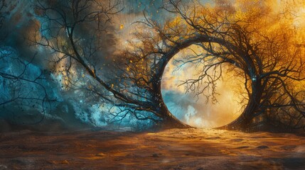 Wall Mural - Enchanted landscape featuring a mystical portal framed by twisted trees under a vibrant sky at dusk