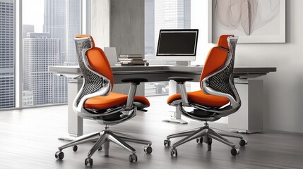 Sticker - A contemporary home office with Peach Fuzz ergonomic chairs.