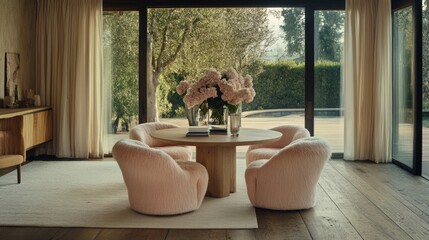 Sticker - A cozy dining space with Peach Fuzz upholstered chairs and wooden table.