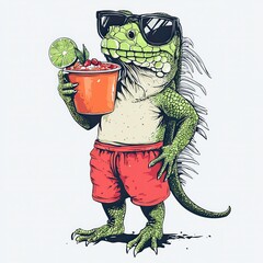 Iguana wearing sunglasses enjoys a drink on a sunny day in casual summer attire