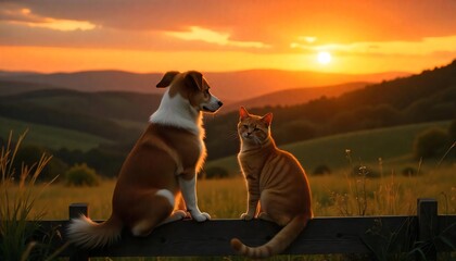 Wall Mural - Dog and Cat Silhouetted at Sunset on Fence Countryside Idyll