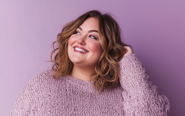 Wall Mural - Plump woman with a joyful expression, cozy sweater, soft purple background