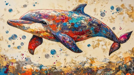 Wall Mural - Colorful Dolphin Painting, Ocean Bubbles, Art Print