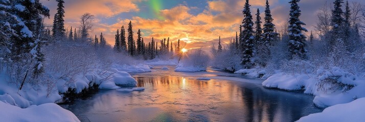Winter Sunset Over Frozen River And Snow Covered Trees
