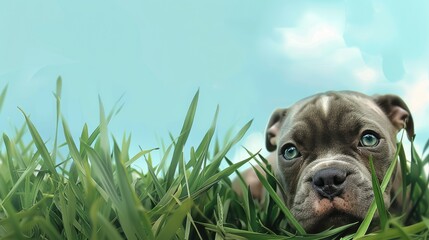 Canvas Print - A playful puppy lying in lush green grass under a clear blue sky, capturing a moment of tranquility and joy