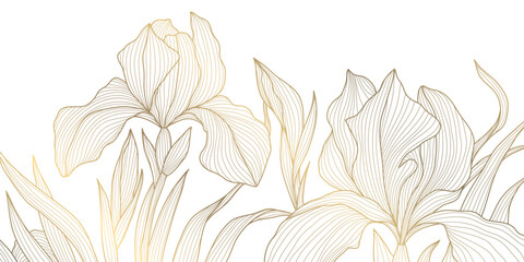 Wall Mural - vector golden iris flowers pattern, vintage floral border, blossom background. luxury line botanical