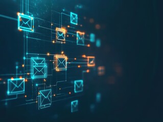 Fototapete - Blue and orange gradient background with a line of email icons representing digital communication
