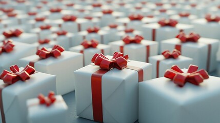 Wall Mural - large number of white gift boxes with red ribbons and bows scattered around them. The boxes are of different sizes and shapes, and they are all the same size and shape