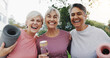 © peopleimages.com - Senior women, friends and happy with exercise, hug and portrait at park, garden and summer with bonding. Elderly group, people and smile with embrace for fitness, training and workout in sunshine
