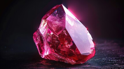 Wall Mural - A stunning close-up of a vibrant pink crystal reflecting light against a dark background, showcasing its unique facets