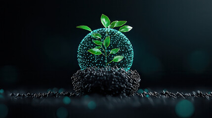 Poster - digital representation of plant inside glowing sphere, symbolizing growth and sustainability. background features dark, textured surface with glowing particles, creating futuristic atmosphere