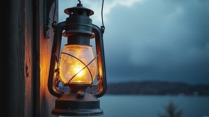 Aufkleber - Vintage Lantern Glowing Against Dark Cloudy Skies, copy space on a side