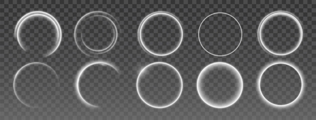 Wall Mural - A set of glowing white circular light effects on a transparent background. Includes neon rings, soft halos, curved light swirls, and radial glow effects for design and graphic overlays.
