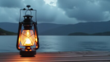 Aufkleber - Vintage Lantern Glowing Against Dark Cloudy Skies, copy space on a side