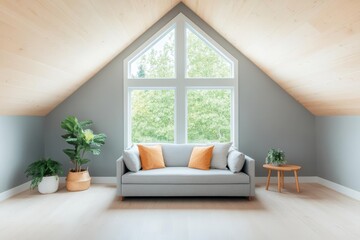 Poster - Living room with a comfortable couch and large window providing natural light