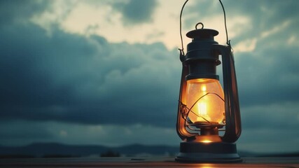 Aufkleber - Vintage Lantern Glowing Against Dark Cloudy Skies, copy space on a side