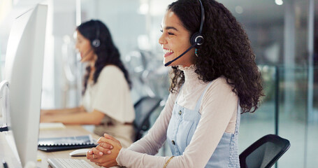 Poster - Call center, computer and advisor with woman in office for flight booking, customer support and itinerary planning. Travel agent consulting, help desk and vip program with person in tour guide agency