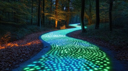 Poster - Illuminated forest path, winding road, night, digital art, concept