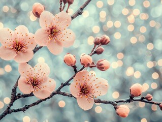 Wall Mural - A close-up of delicate cherry blossoms with soft pink petals against a blurred background.