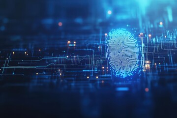 Fototapete - Fingerprint on a circuit board with a blue background technology and security conceptual image