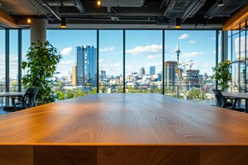 Wall Mural - Modern office wood desk, city view, workspace