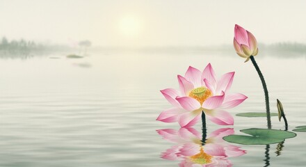 Sticker - Tranquil sunrise lotus on misty lake with reflections and calm atmosphere