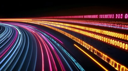 Dynamic Digital Data Streams Binary Code and Light Trails Symbolize High Speed Data Transfer, Technology, and Network Innovation in Futuristic Digital Landscape